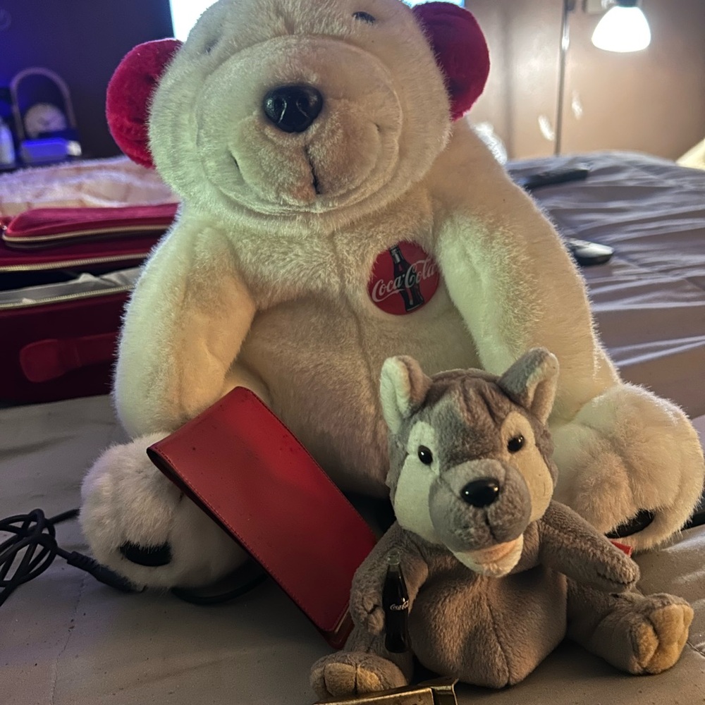 Coca Cola Red and White Plush Bear with Gray Small Wolf Plush